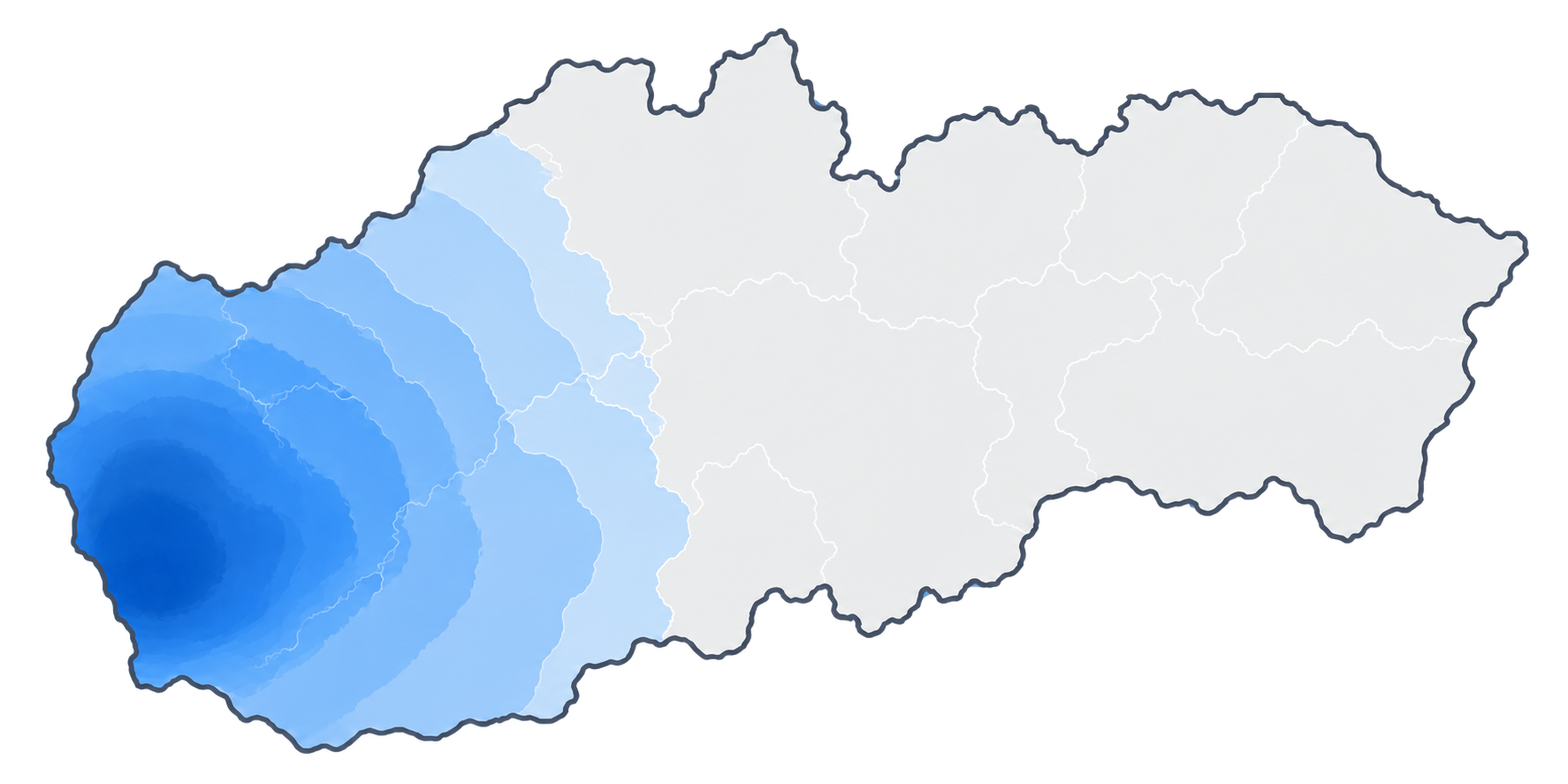 Mapa Slovenska s modro vyznačenou oblasťou pôsobenia na západnom Slovensku.