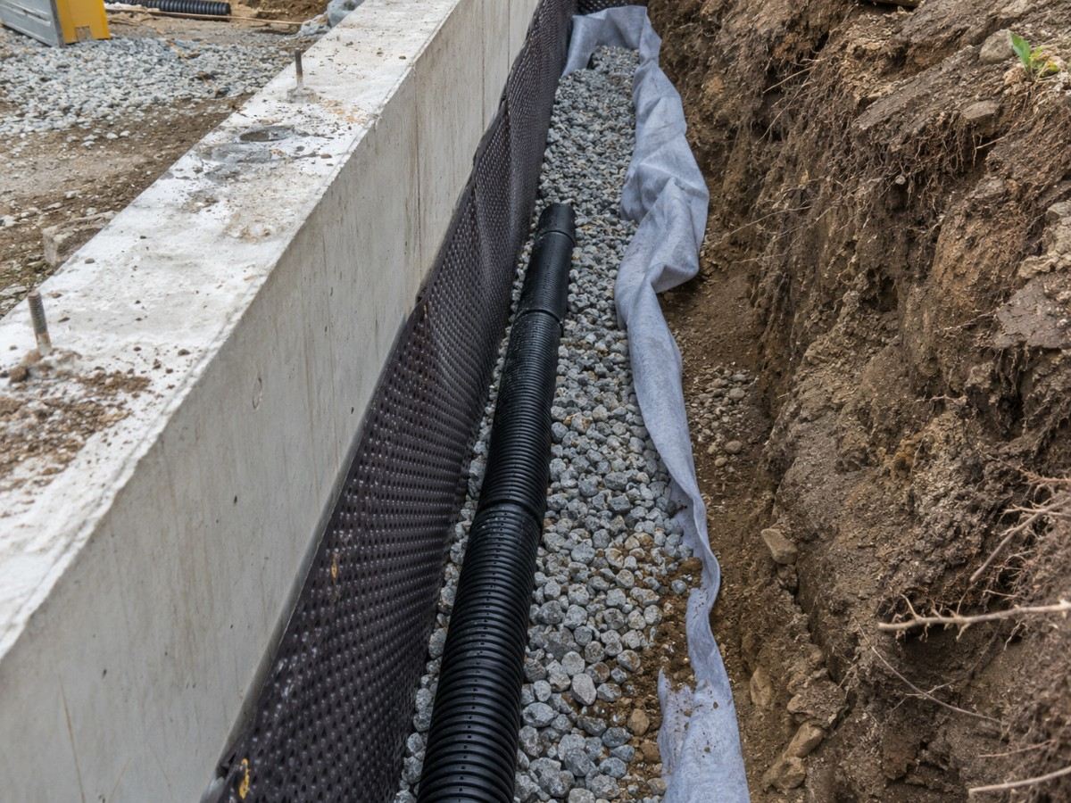 Technický rez oporným múrom s drenážnou vrstvou a potrubím