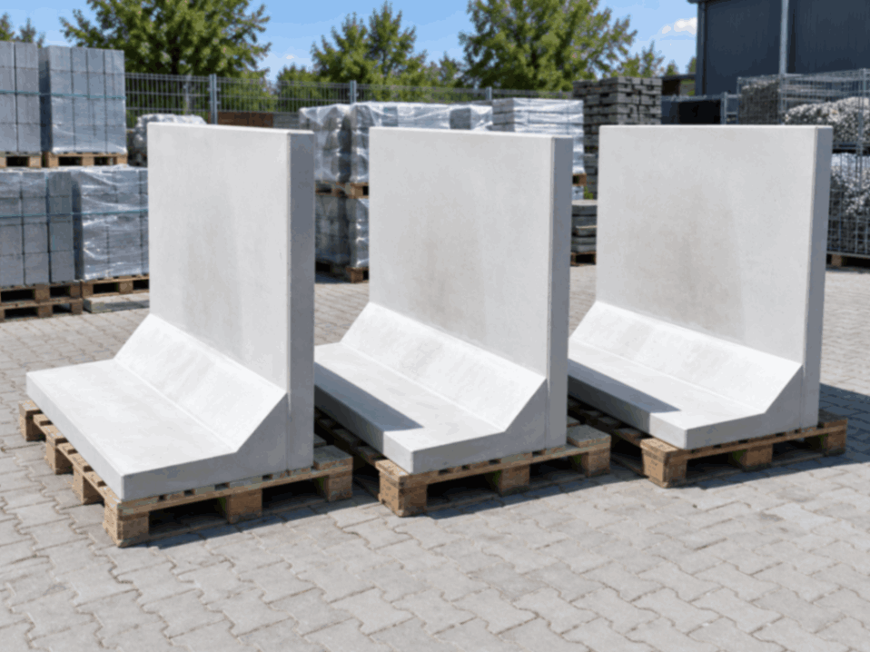 Prefabrikované betónové L-steny pripravené na osadenie