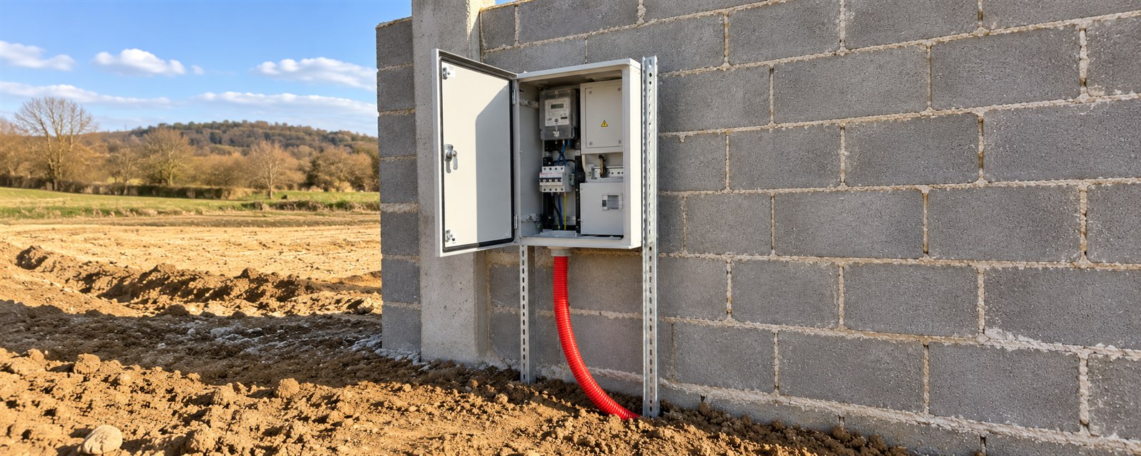 Ilustračný záber káblovej trasy a elektromerového rozvádzača na hranici pozemku